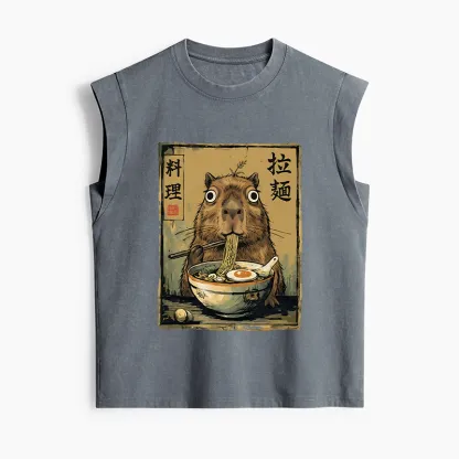 Tokyo-Tiger Cute Capybara Eating Ramen Women's Washed Tank Tops