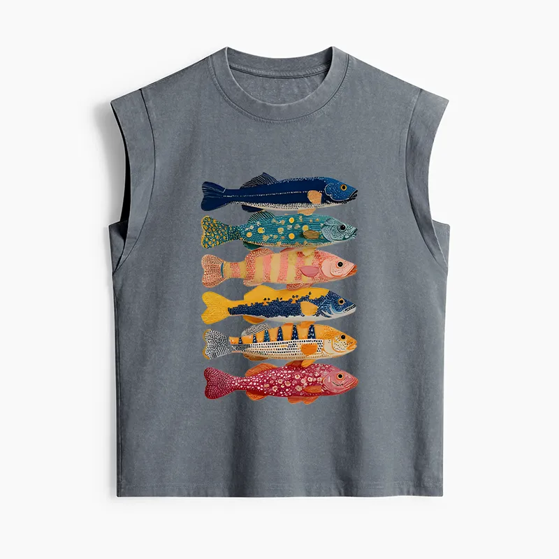 Tokyo-Tiger Colorful Fish Art Collection Women's Washed Tank Tops