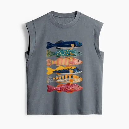 Tokyo-Tiger Colorful Fish Art Collection Women's Washed Tank Tops