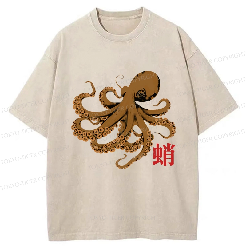 Tokyo-Tiger Retro Japanese Octopus Washed T-Shirt