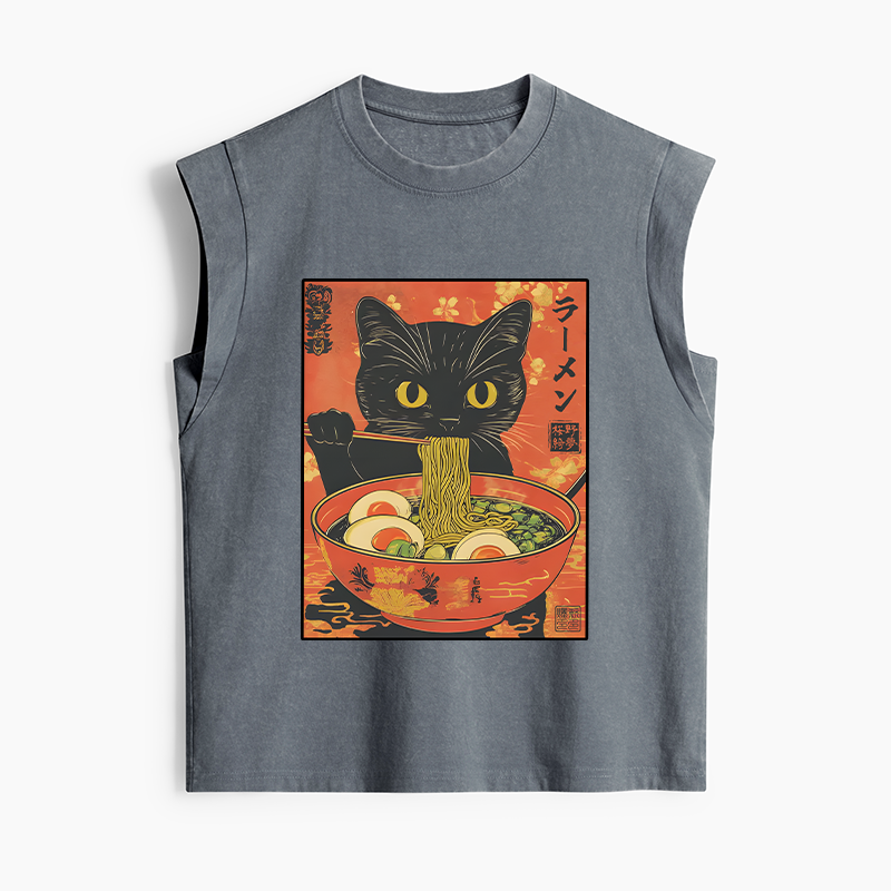 Tokyo-Tiger Hungry Black Cat Loves Ramen Women's Washed Tank Tops