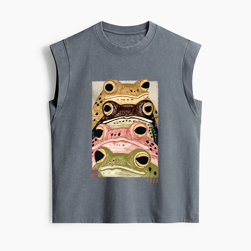 Tokyo-Tiger Whimsical Multi Colored Frog Art Women's Washed Tank Tops