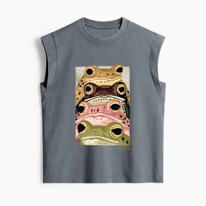 Tokyo-Tiger Whimsical Multi Colored Frog Art Women's Washed Tank Tops