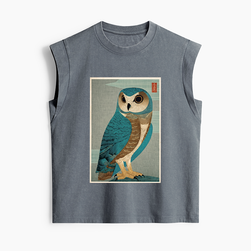 Tokyo-Tiger Vintage Owl Woodblock Art Women's Washed Tank Tops