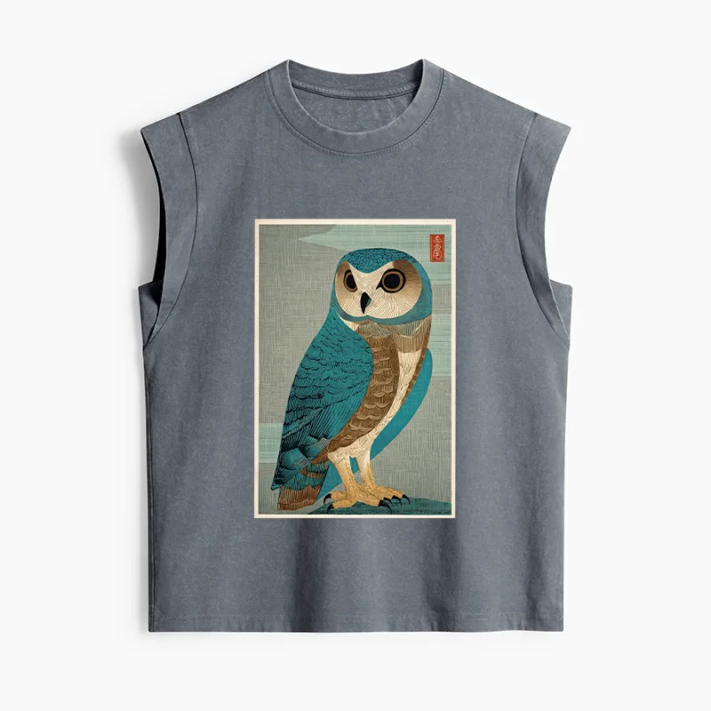 Tokyo-Tiger Vintage Owl Woodblock Art Women's Washed Tank Tops