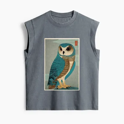 Tokyo-Tiger Vintage Owl Woodblock Art Women's Washed Tank Tops