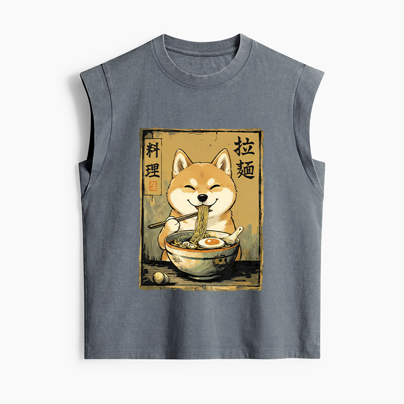 Tokyo-Tiger Happy Shiba Eating Ramen Women's Washed Tank Tops