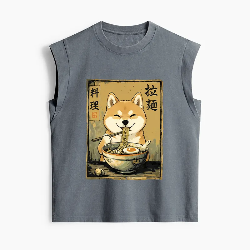 Tokyo-Tiger Happy Shiba Eating Ramen Women's Washed Tank Tops