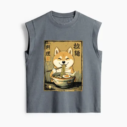 Tokyo-Tiger Happy Shiba Eating Ramen Women's Washed Tank Tops
