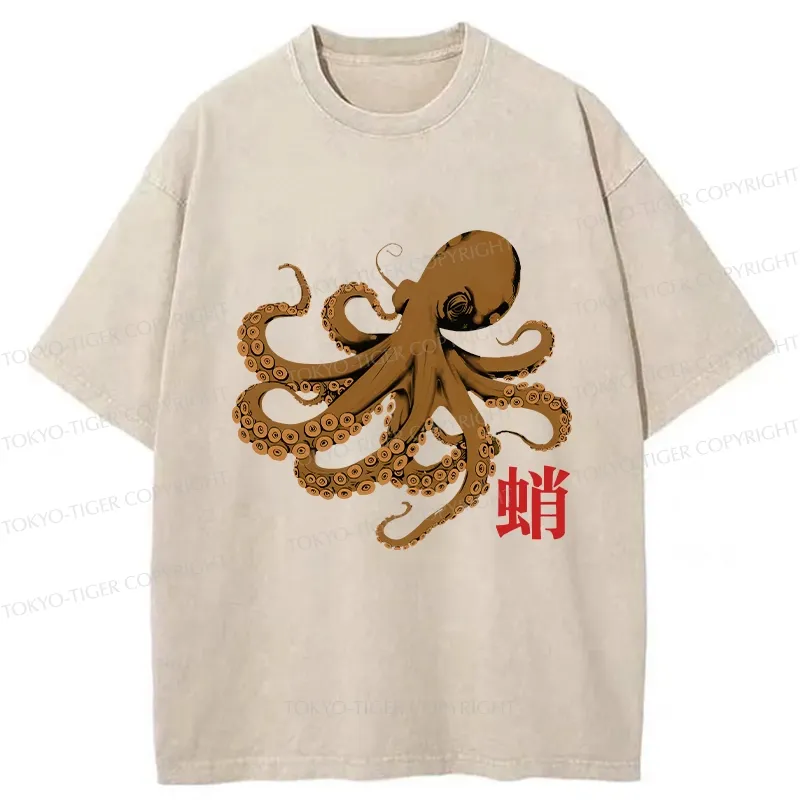 Tokyo-Tiger Retro Japanese Octopus Washed T-Shirt Sale