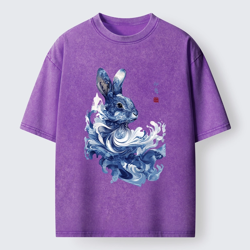 Tokyo-Tiger Blue And White Rabbit Art Washed T-Shirt