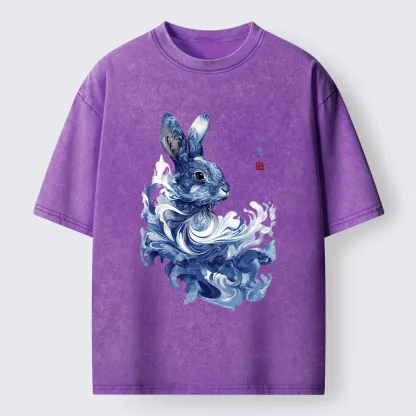 Tokyo-Tiger Blue And White Rabbit Art Washed T-Shirt