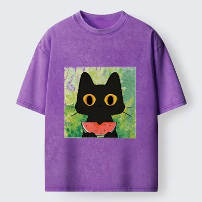 Tokyo-Tiger Black Cat Loves Watermelon Washed T-Shirt