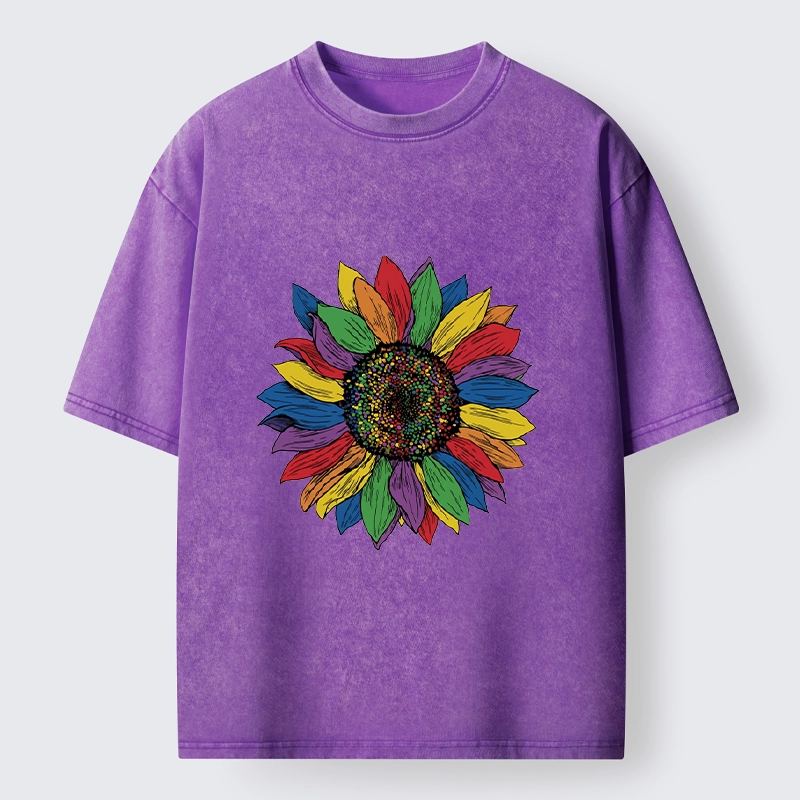 Tokyo-Tiger Rainbow Sunflower Pride Art Washed T-Shirt