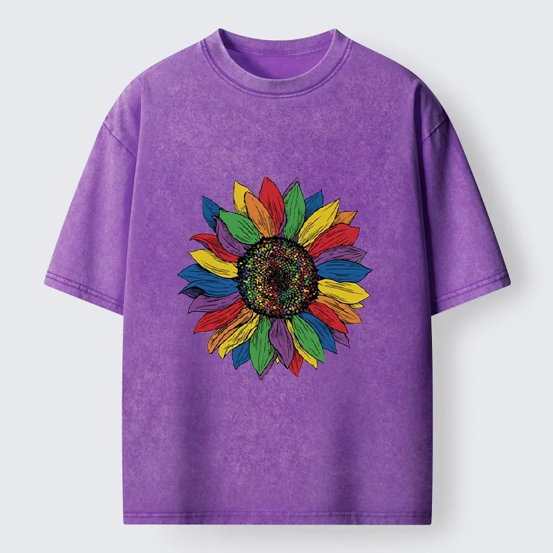 Tokyo-Tiger Rainbow Sunflower Pride Art Washed T-Shirt
