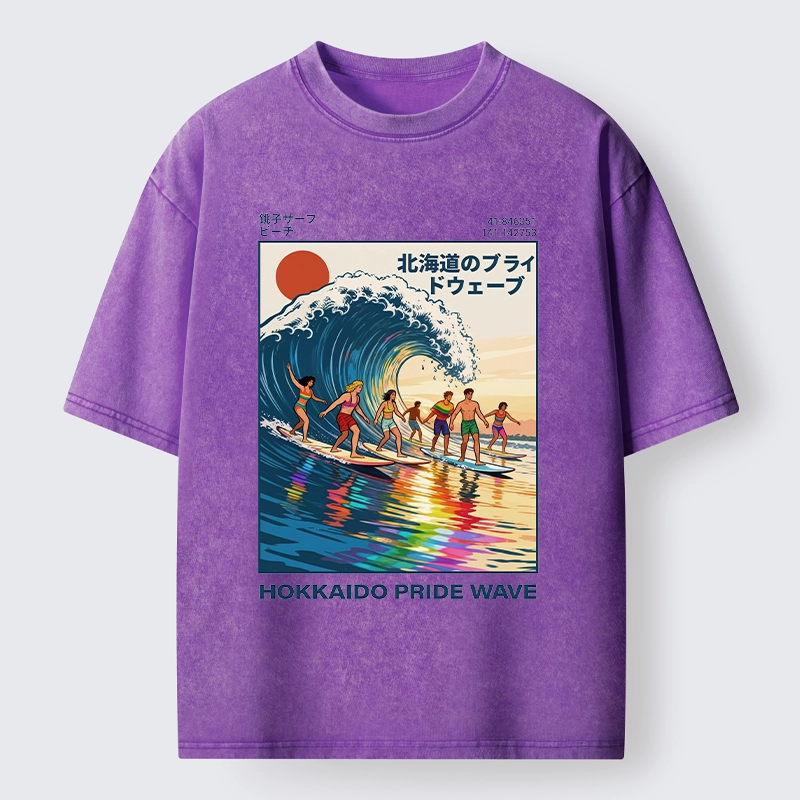 Tokyo-Tiger Hokkaido Pride Wave Surfing Fun Washed T-Shirt