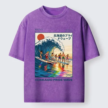 Tokyo-Tiger Hokkaido Pride Wave Surfing Fun Washed T-Shirt