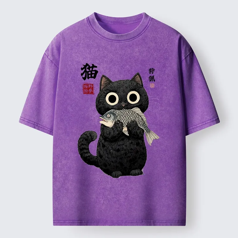Tokyo-Tiger Black Cat Caught A Big Fish Washed T-Shirt