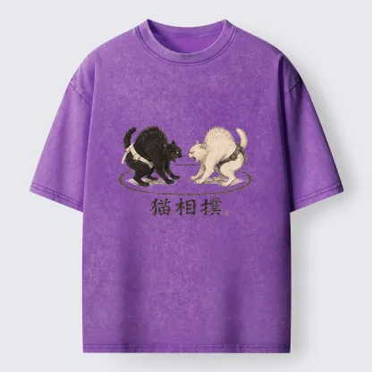 Tokyo-Tiger Cat Sumo Battle Funny Meme Washed T-Shirt