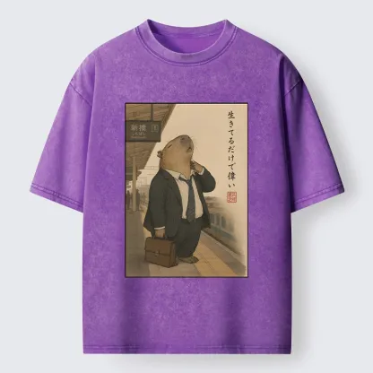 Tokyo-Tiger Funny Capybara Office Worker Meme Washed T-Shirt