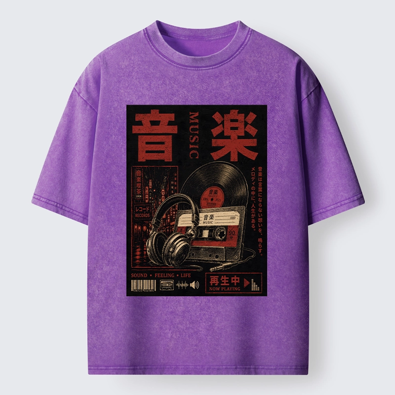 Tokyo-Tiger Retro Music Lovers Washed T-Shirt