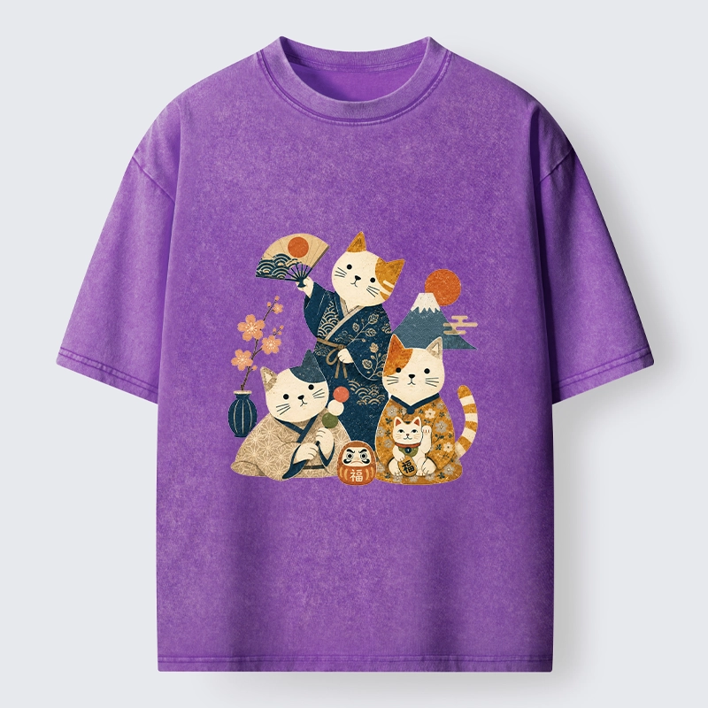 Tokyo-Tiger Lucky Cats Enjoying Traditional Japan Vibes Washed T-Shirt
