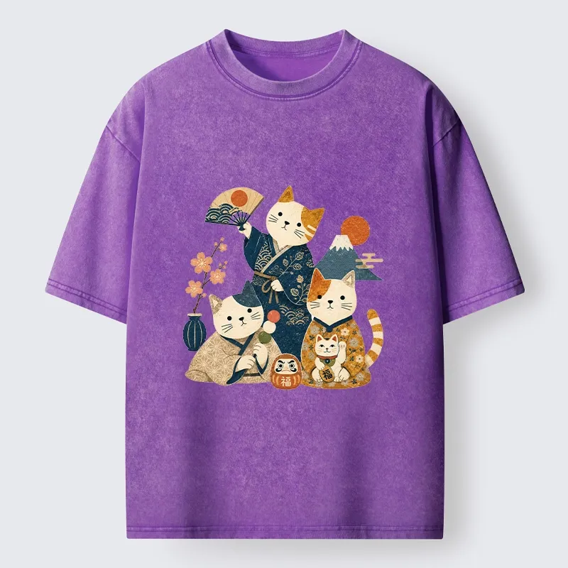 Tokyo-Tiger Lucky Cats Enjoying Traditional Japan Vibes Washed T-Shirt