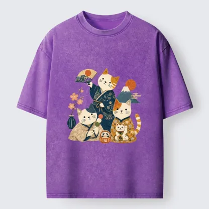 Tokyo-Tiger Lucky Cats Enjoying Traditional Japan Vibes Washed T-Shirt