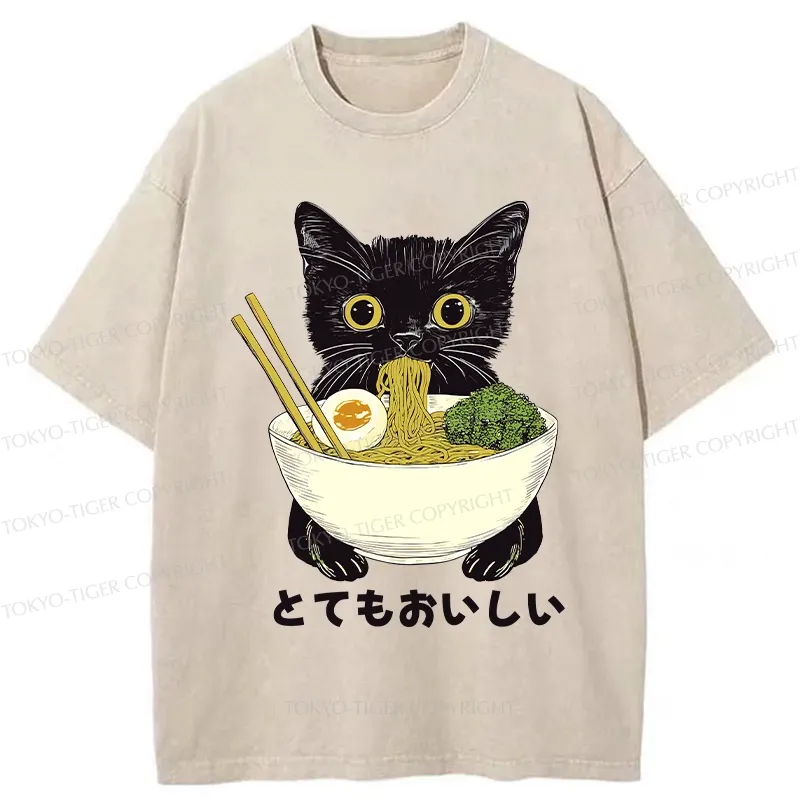 Tokyo-Tiger Ramen Lover Cute Cat Washed T-Shirt