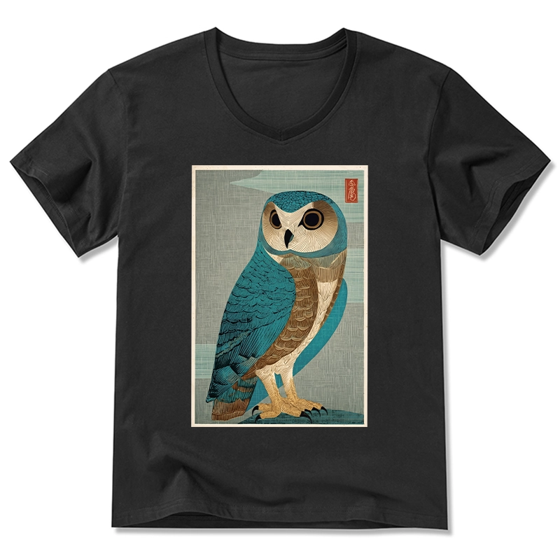 Tokyo-Tiger Vintage Owl Woodblock Art V-Neck Classic T-Shirt