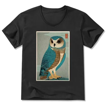 Tokyo-Tiger Vintage Owl Woodblock Art V-Neck Classic T-Shirt