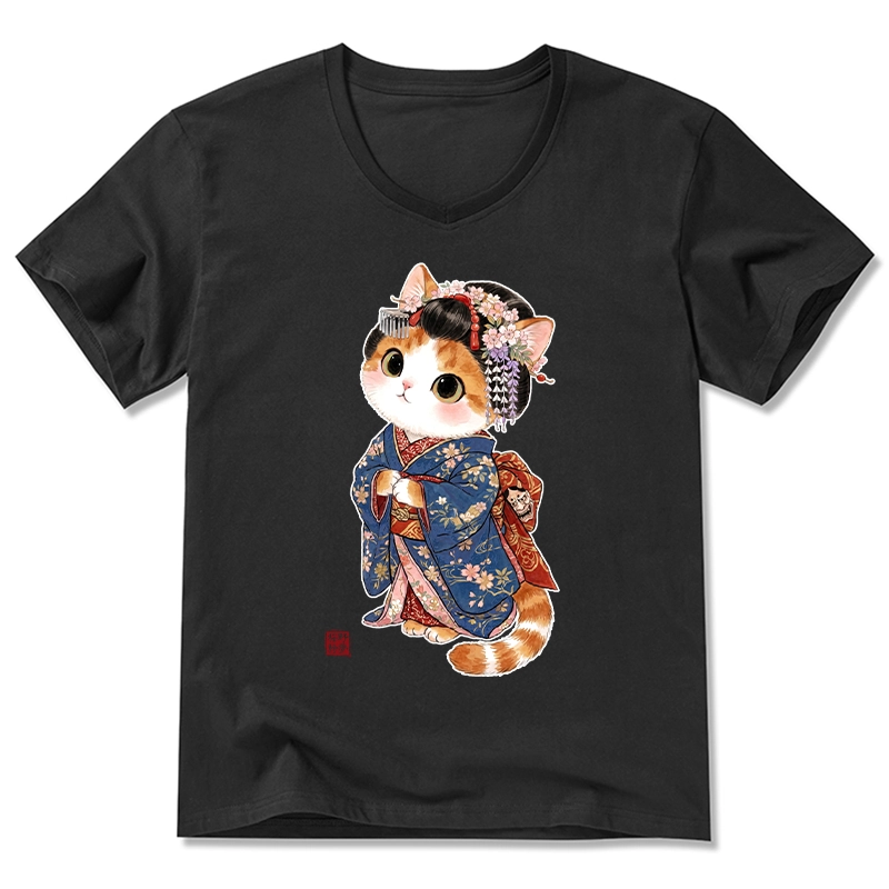 Tokyo-Tiger Cat Dressed As A Geisha Funny V-Neck Classic T-Shirt