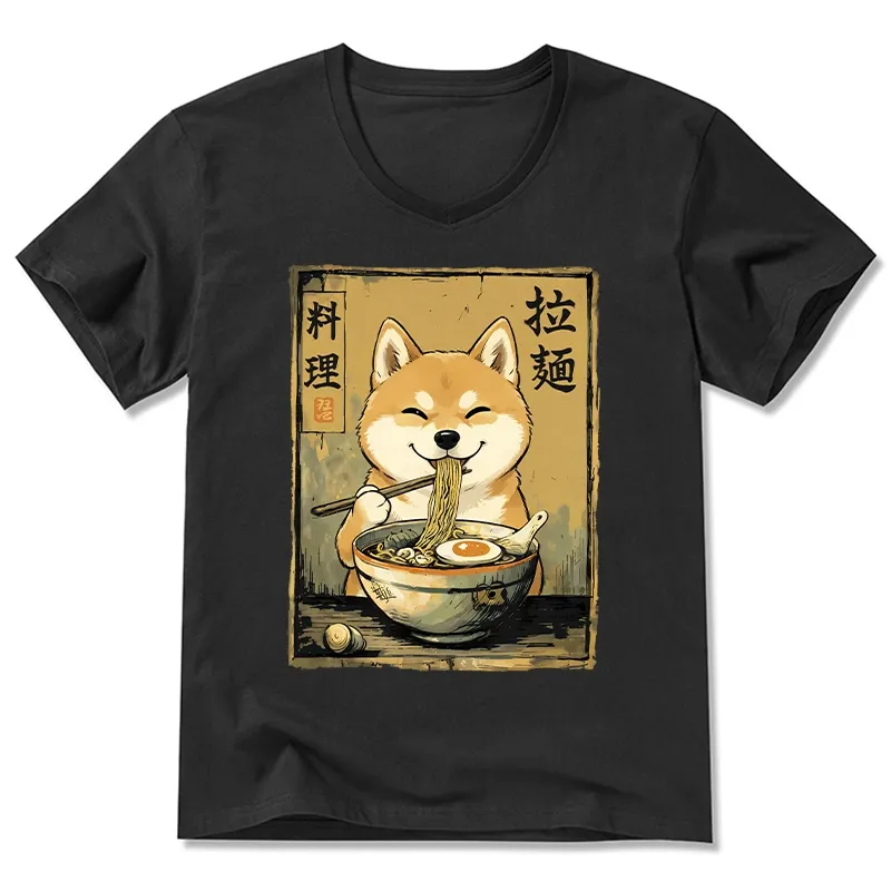 Tokyo-Tiger Happy Shiba Eating Ramen V-Neck Classic T-Shirt