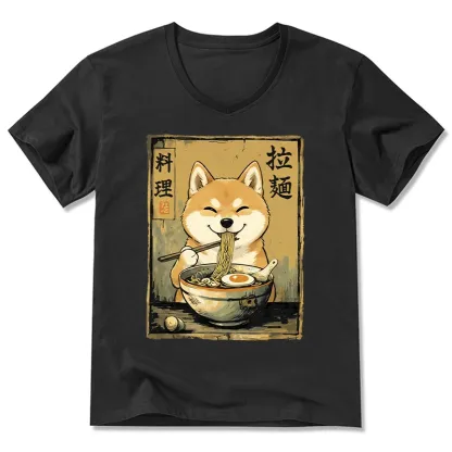 Tokyo-Tiger Happy Shiba Eating Ramen V-Neck Classic T-Shirt