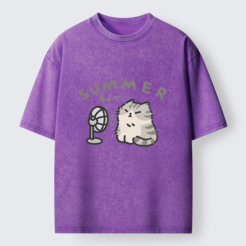 Tokyo-Tiger Summer Cat Chills With A Fan Washed T-Shirt
