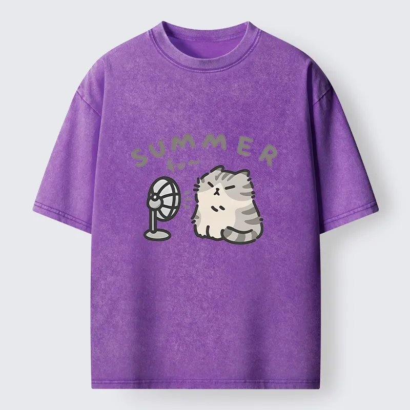 Tokyo-Tiger Summer Cat Chills With A Fan Washed T-Shirt