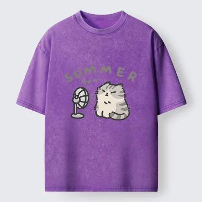 Tokyo-Tiger Summer Cat Chills With A Fan Washed T-Shirt