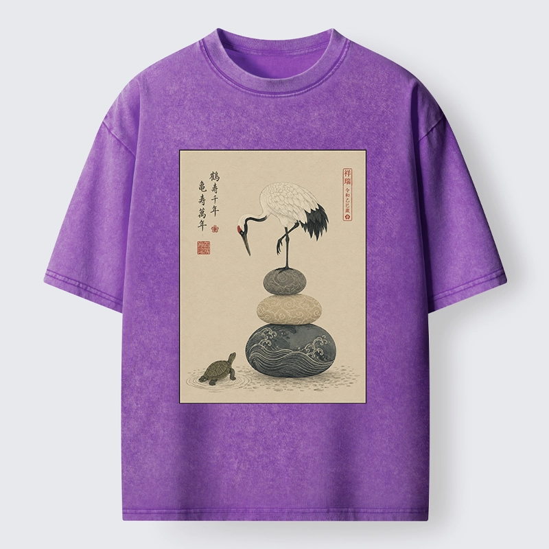 Tokyo-Tiger Turtle And Crane Traditional Art Washed T-Shirt