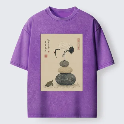 Tokyo-Tiger Turtle And Crane Traditional Art Washed T-Shirt
