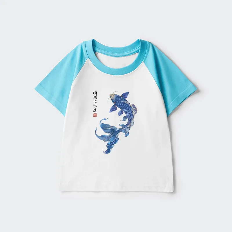 Tokyo-Tiger Lucky Blue Koi Fish Art Kids Raglan T-shirt