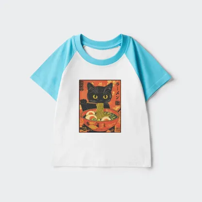 Tokyo-Tiger Hungry Black Cat Loves Ramen Kids Raglan T-shirt