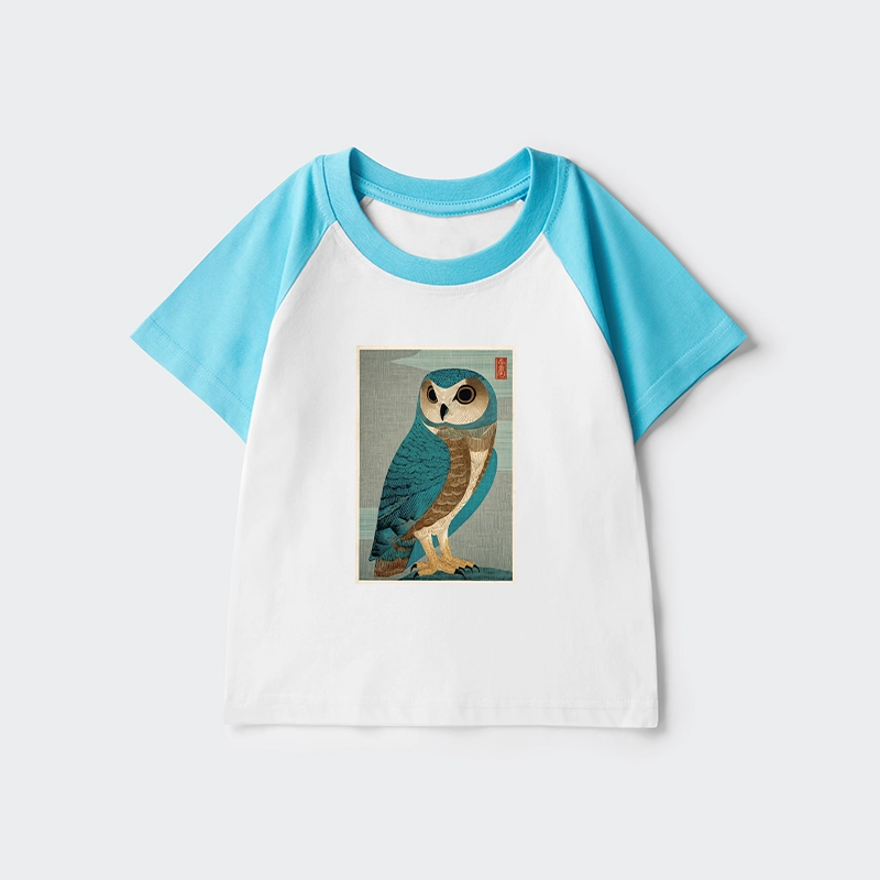 Tokyo-Tiger Vintage Owl Woodblock Art Kids Raglan T-shirt