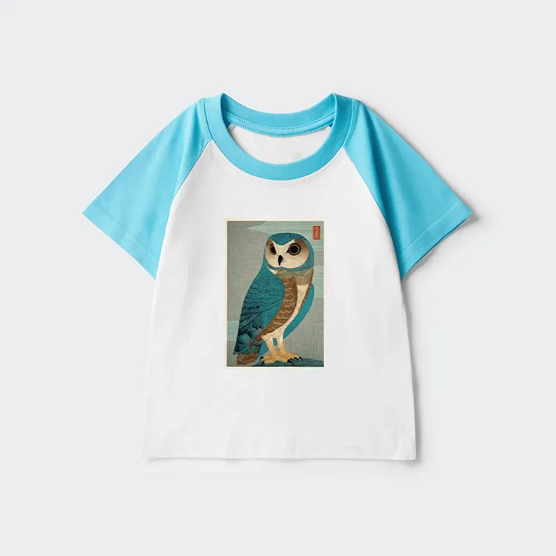 Tokyo-Tiger Vintage Owl Woodblock Art Kids Raglan T-shirt