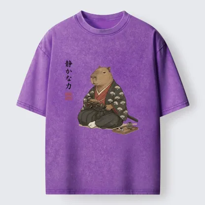 Tokyo-Tiger Calm Samurai Capybara With Katana Meme Washed T-Shirt