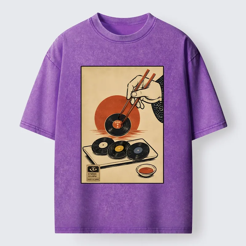 Tokyo-Tiger Chopsticks And Vinyl Sushi Art Washed T-Shirt