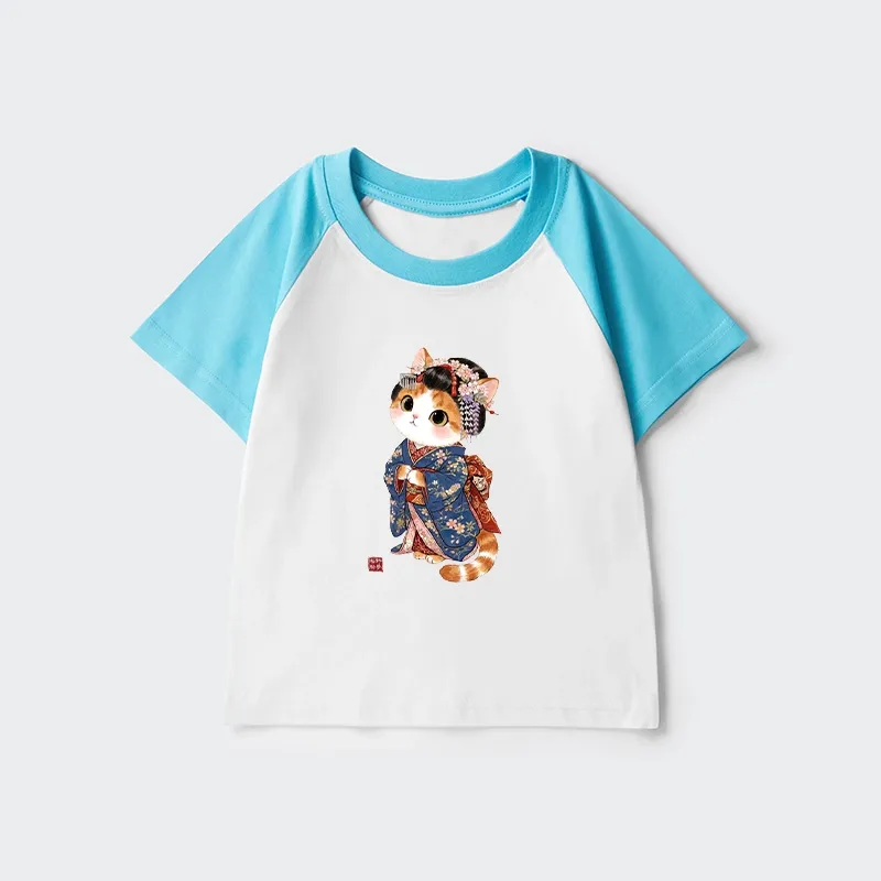 Tokyo-Tiger Cat Dressed As A Geisha Funny Kids Raglan T-shirt