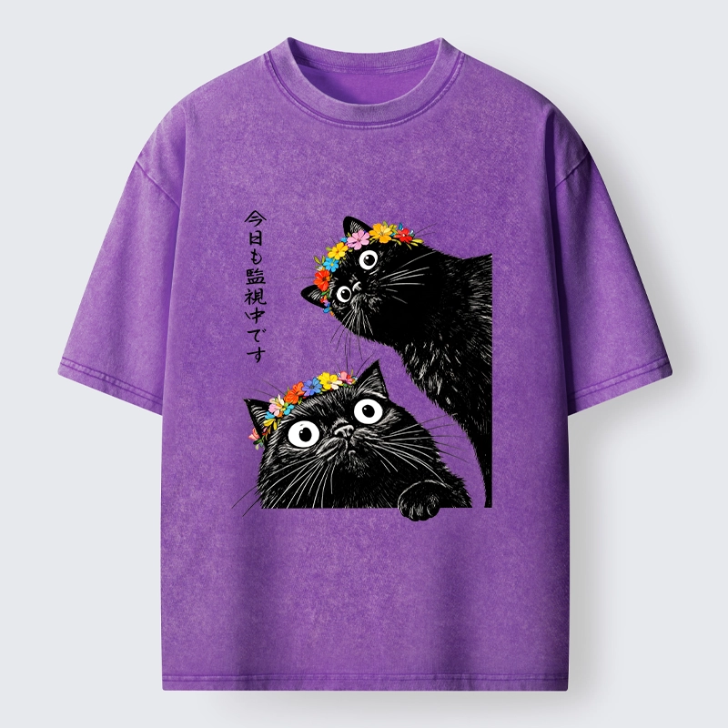 Tokyo-Tiger Flower Crown Black Cat Washed T-Shirt