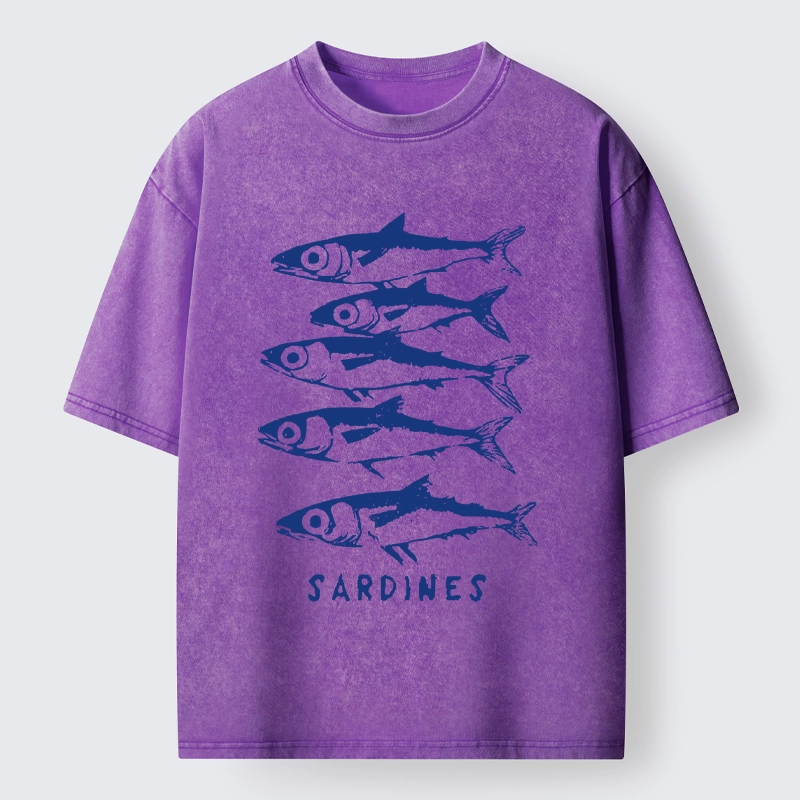 Tokyo-Tiger Blue And White Sardines Linocut Art Washed T-Shirt