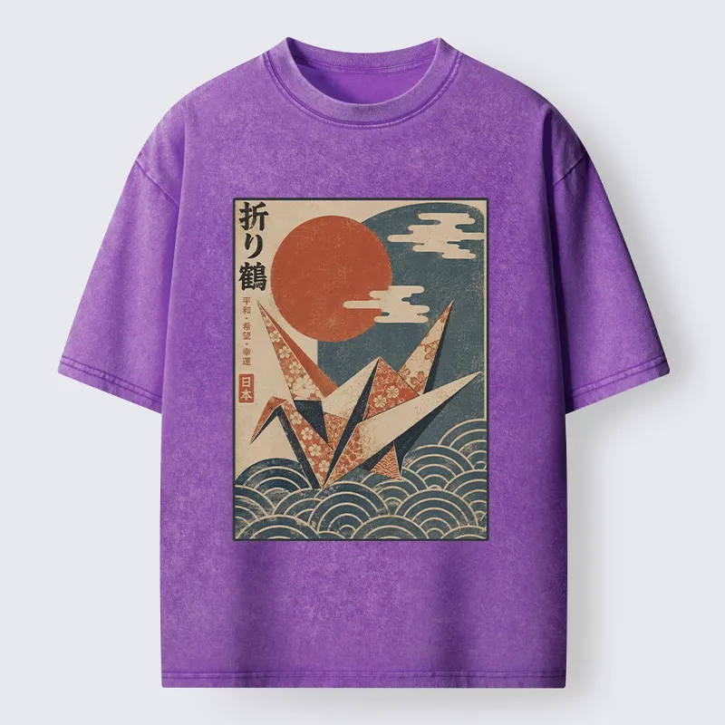 Tokyo-Tiger Japanese Origami Crane Vintage Print Washed T-Shirt