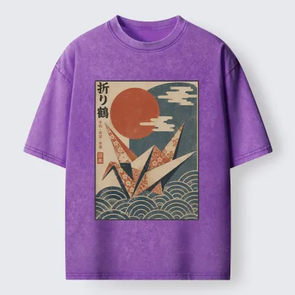 Tokyo-Tiger Japanese Origami Crane Vintage Print Washed T-Shirt